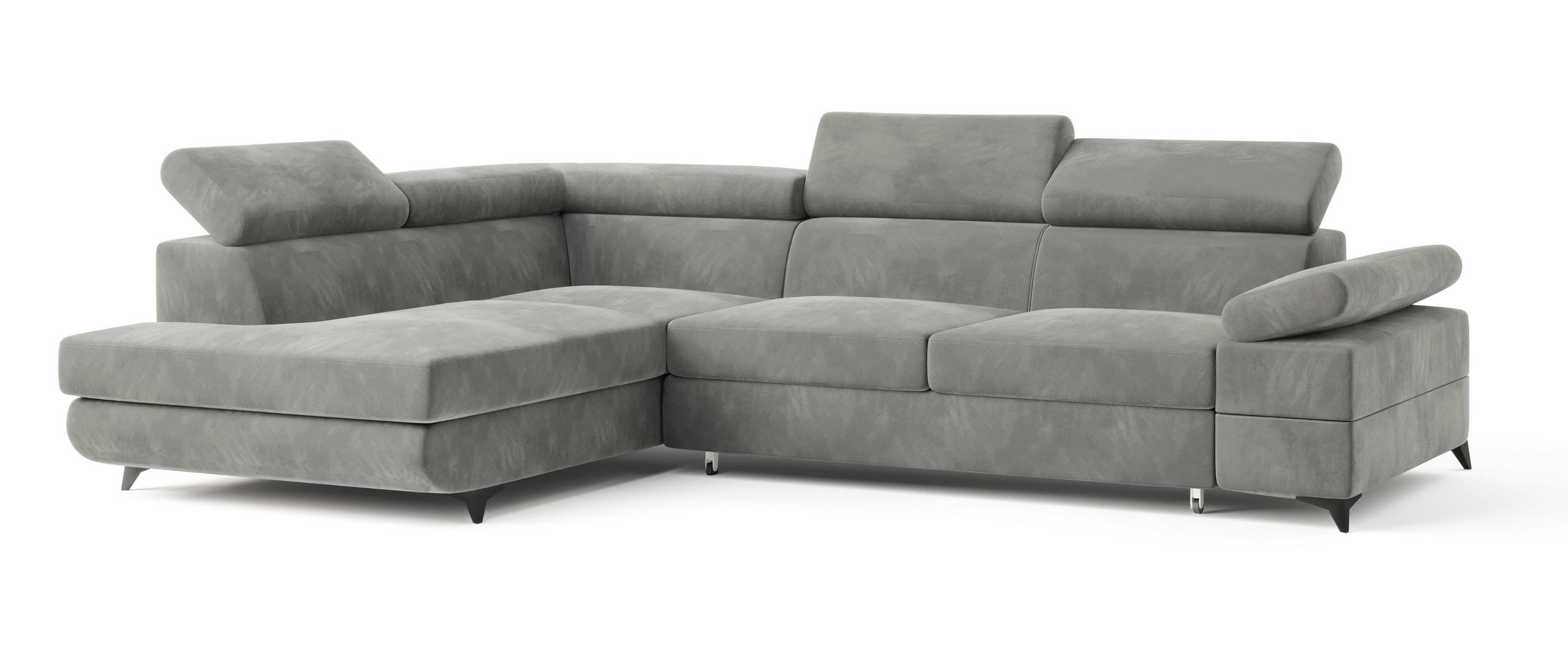 ECKSOFA FAVIEN L-S Hellgrau Velours-Stoff mit Schlaffunktion - Hellgrau, Holz (257/190cm) - MASSENO
