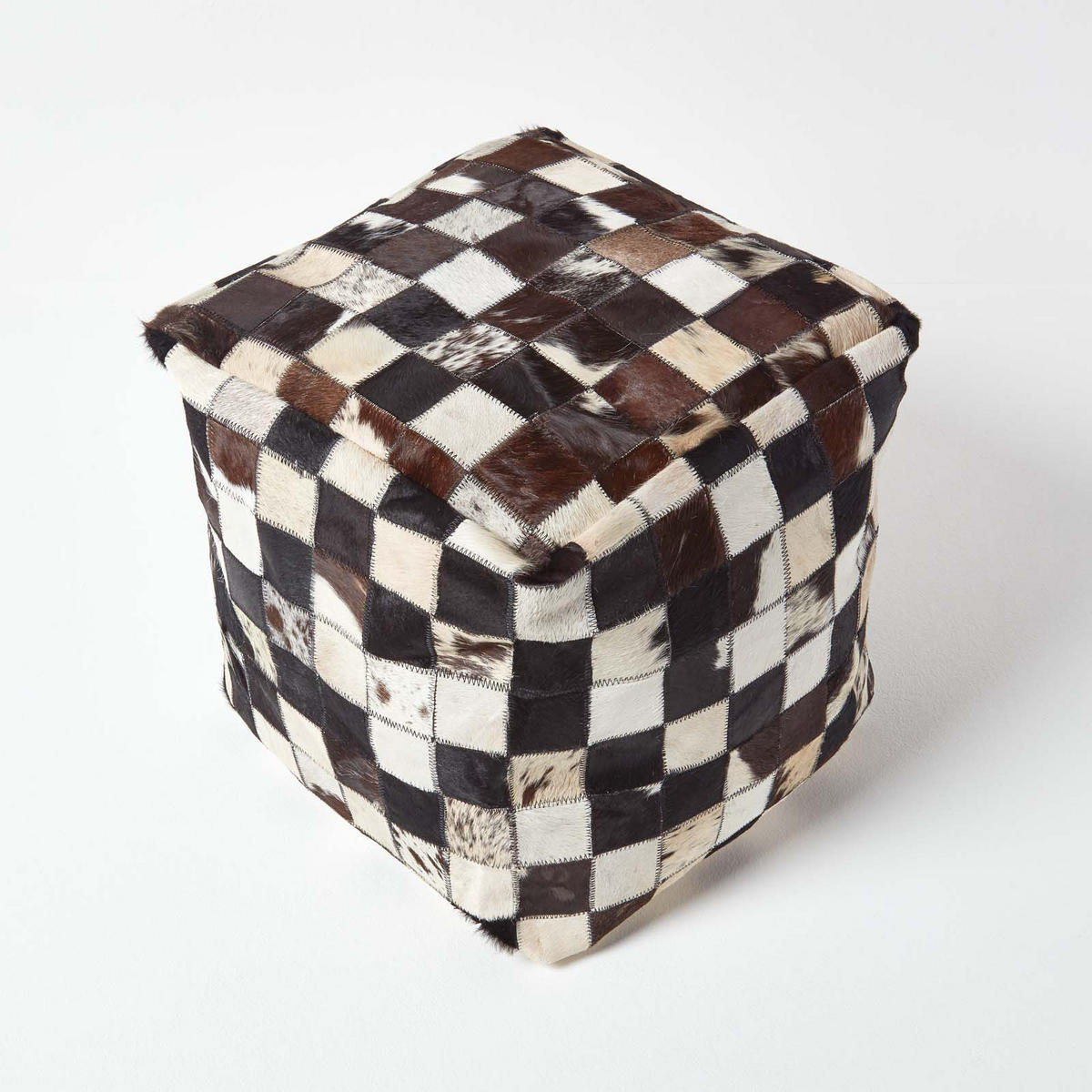 PATCHWORK-HOCKER Fell kariert, 35/35/35 cm - Braun, Leder (35/35/35cm) - Homescapes