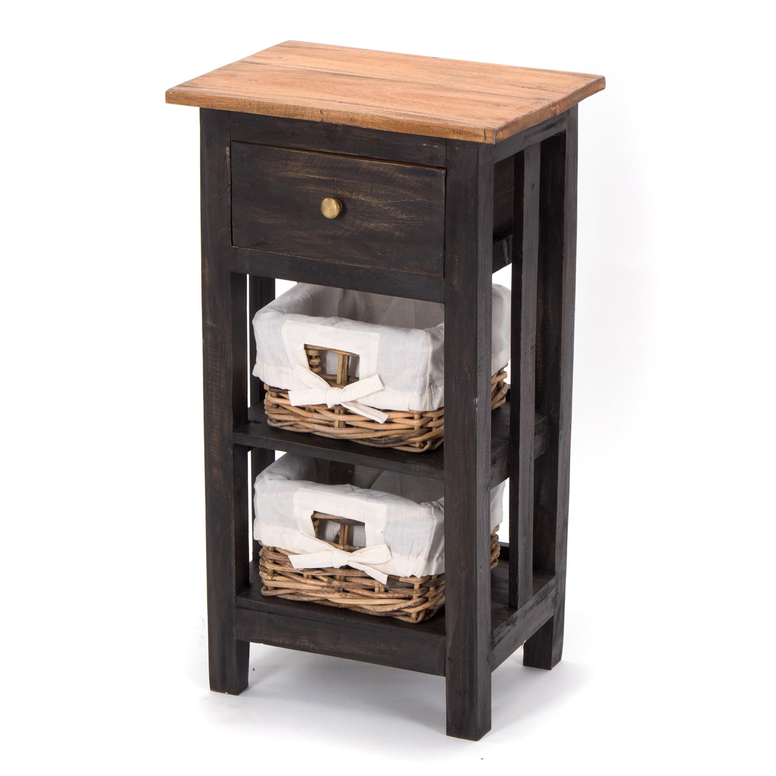 TELEFONTISCH RATTAN 70 mit 2 Rattan-Körben und Schublade, Mahagoni massiv 04 schwarz-natur - Graubraun, Holz (28/38/70cm) - DESIGN DELIGHTS