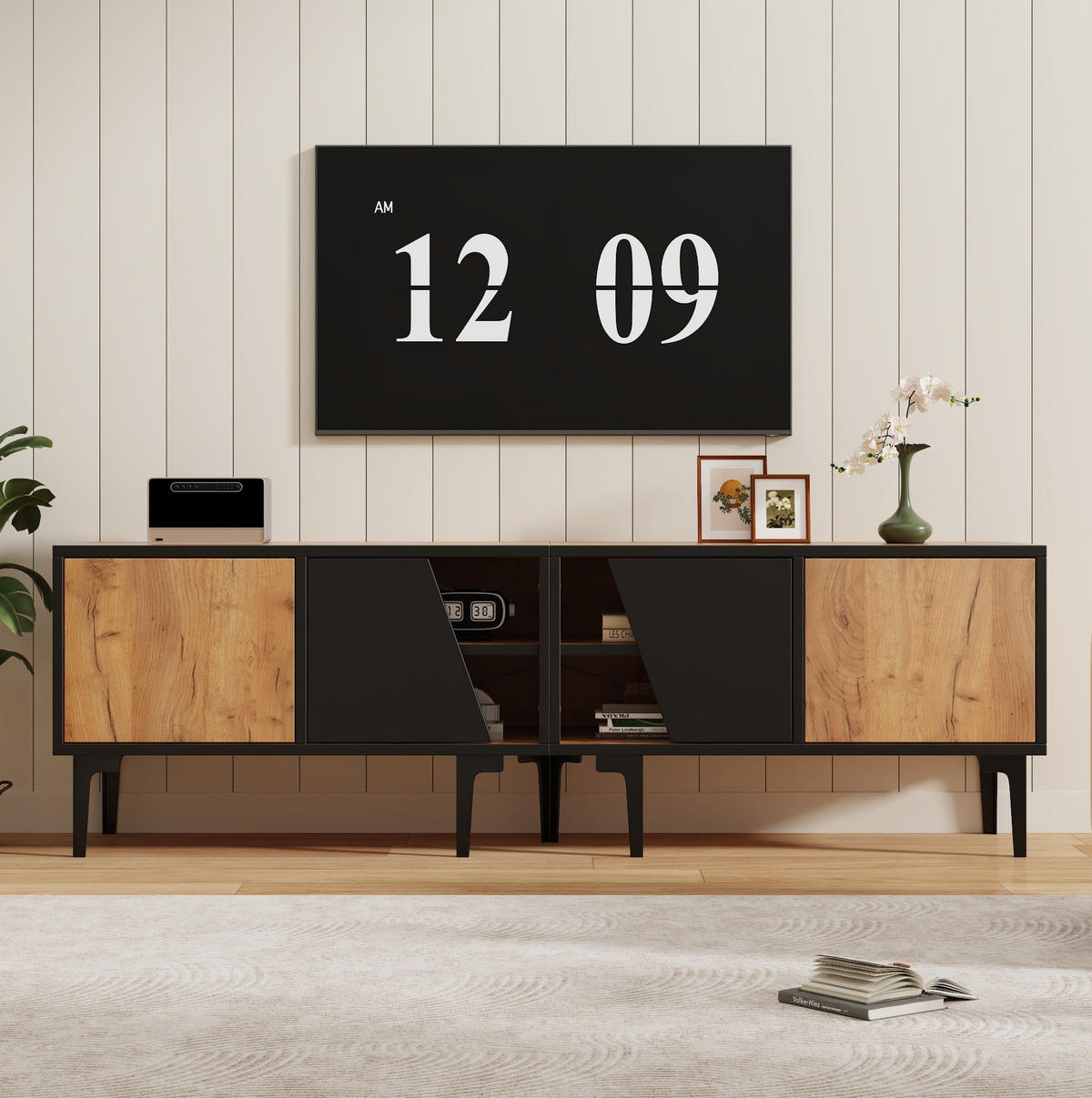 TV ormarić od iverice 160x36,5x45 cm prirodna boja i crna s 4 pretinca i 7 PVC nogu, za TV do 65" - svijetlo smeđa, drvni materijal (160/45/36.5cm) - Modfu