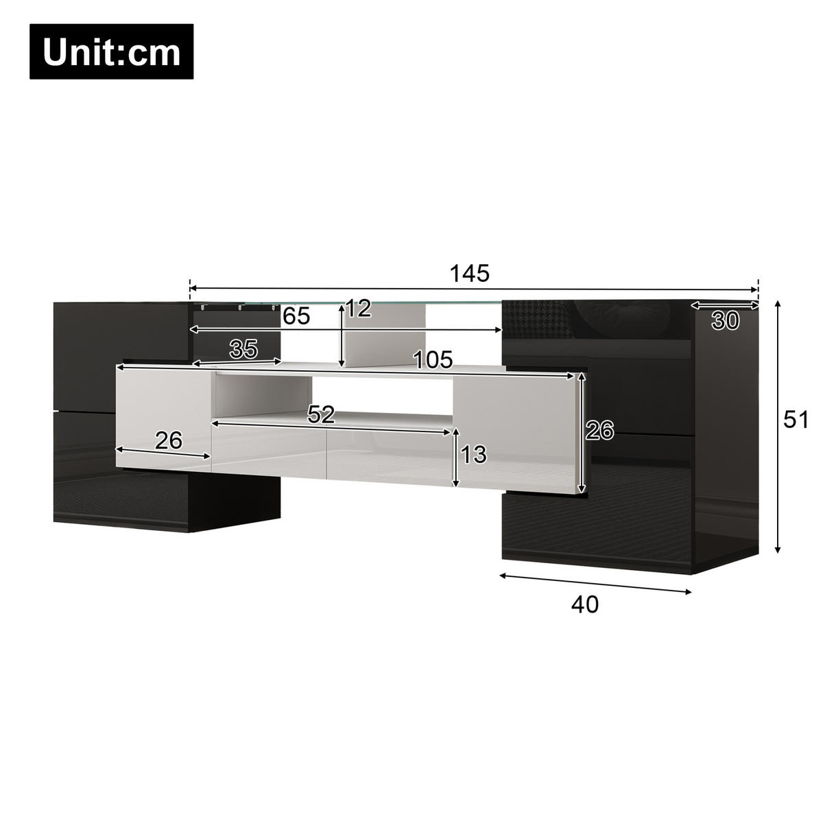 TV-SCHRANK mit LED-Beleuchtung 145 cm Hochglanz Weiß-Beton - Schwarz, Holzwerkstoff (30/51/145cm) - Beauniv