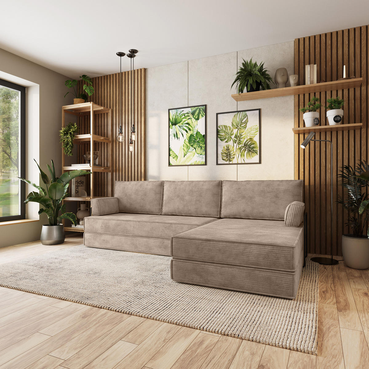 ECKSOFA ANKO modulares Boneless Sofa mit Schlaffunktion Beige Kordstoff - Beige, Textil (270/160cm) - MASSENO