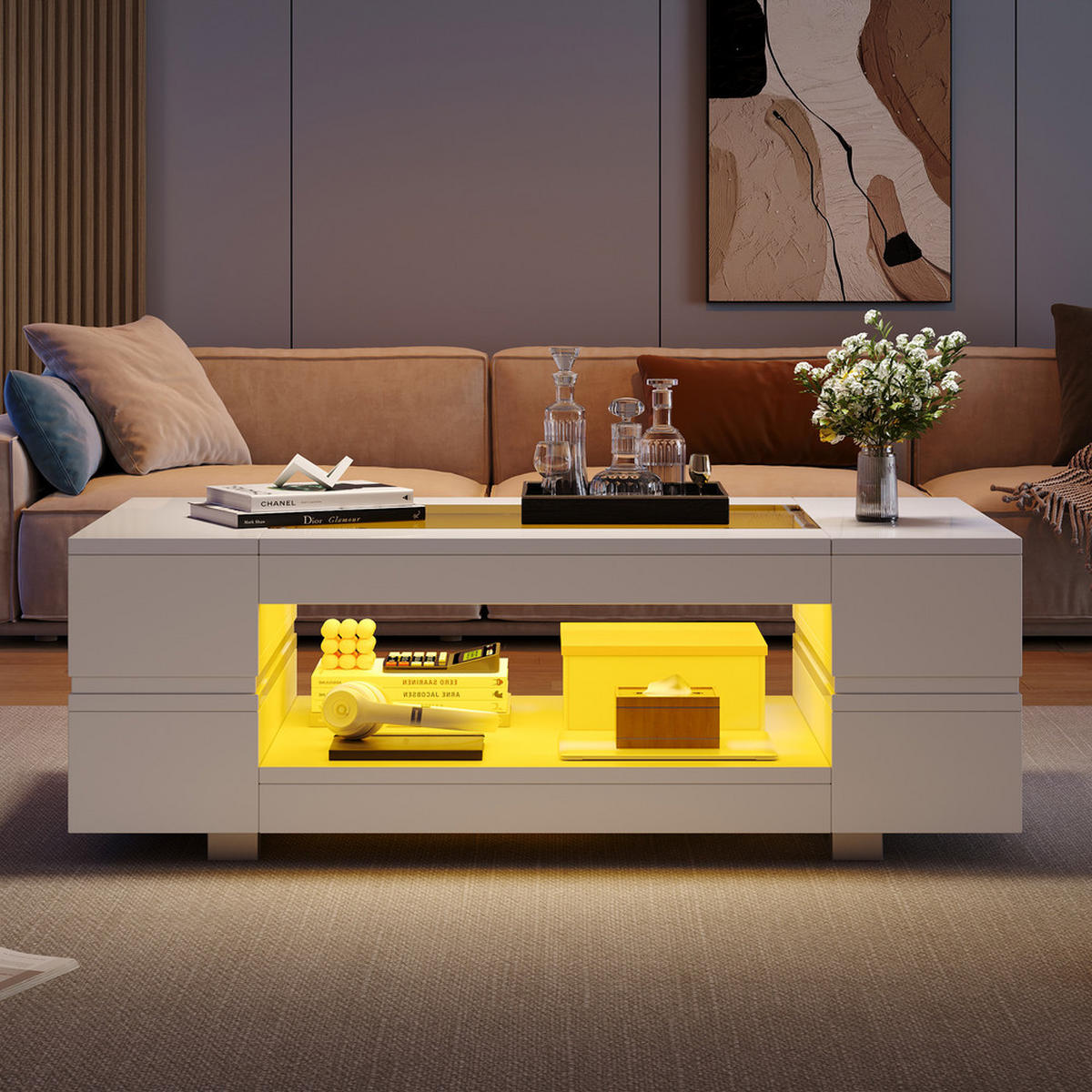 COUCHTISCH Weiß LED Bluetooth App Hochglanz Wohnzimmer Büro Party - Weiß, Holz (72.39/60.96/20.32cm) - FLIEKS