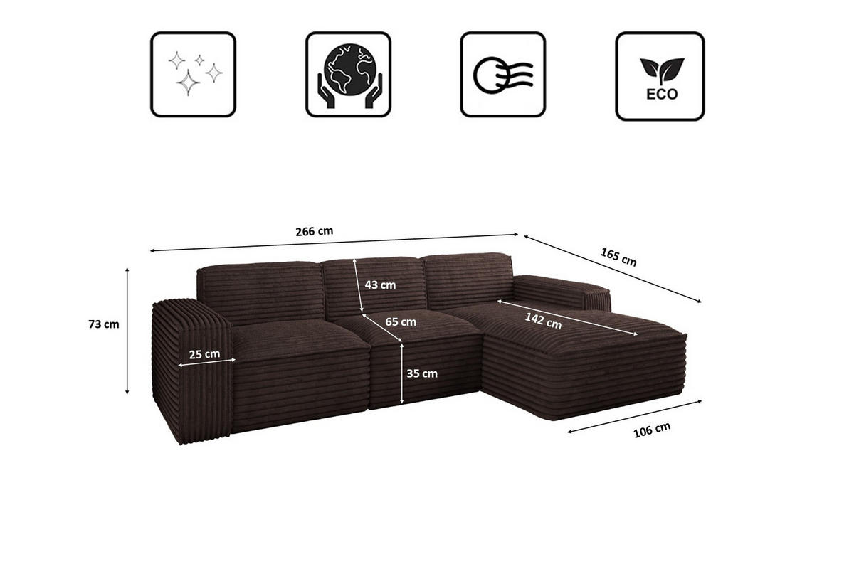 ECKSOFA L-Form Siena Stoff Velo Braun Rechts - Braun, Holz/Kunststoff (266/165cm) - Kaiser Möbel