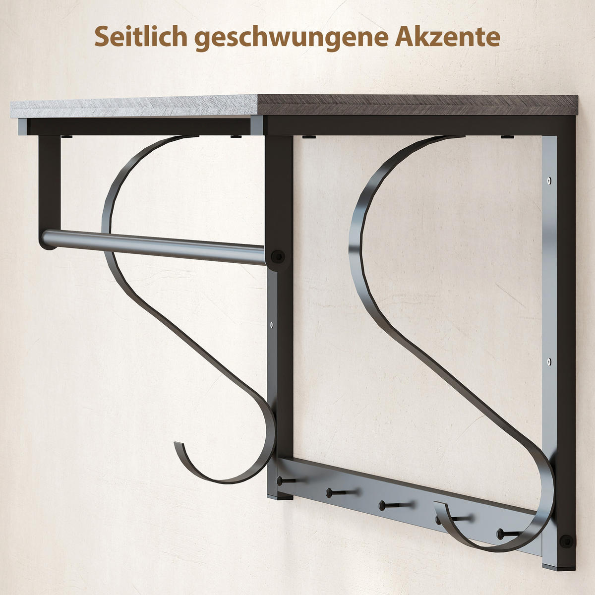 SCHUHREGAL 4 Ebenen Wandgarderobe mit Ablage 5 Haken und Stange gepolstert - Schwarz/Grau, Holzwerkstoff/Metall (30/87.6/70cm)