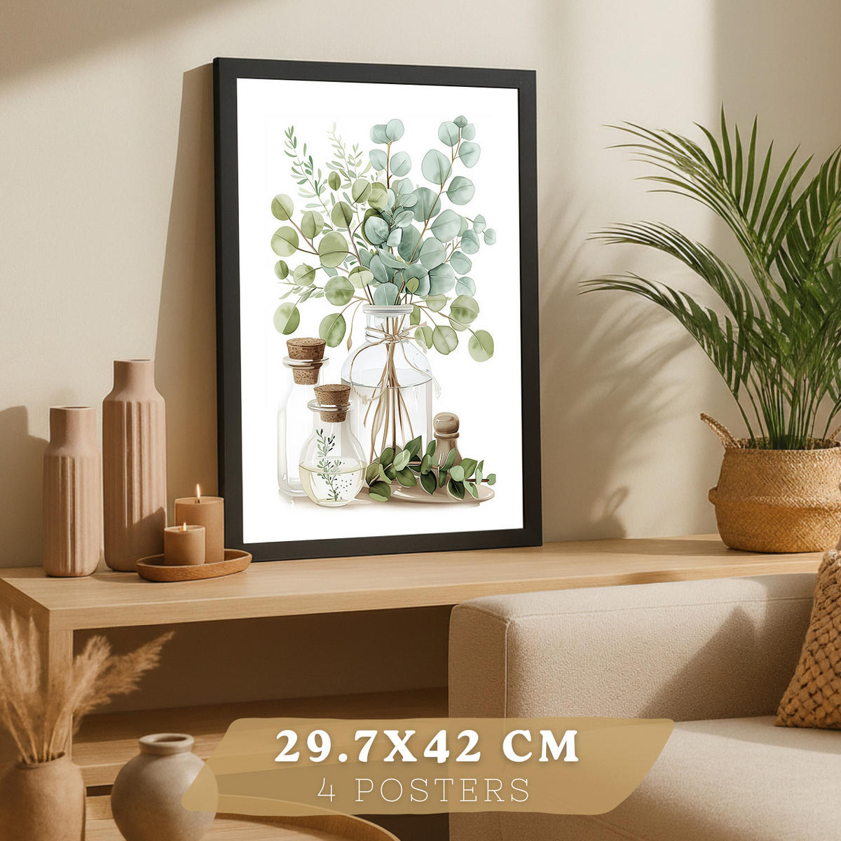 PLAKAT Sada 4 dekorativních nástěnných tisků, Botanická kuchyně. Bohémský venkovský styl. Rustikální kuchyně. Zelené rostliny. Velikost Černý rám A3 - černá, papír (29.7/42/3cm) - Nacnic