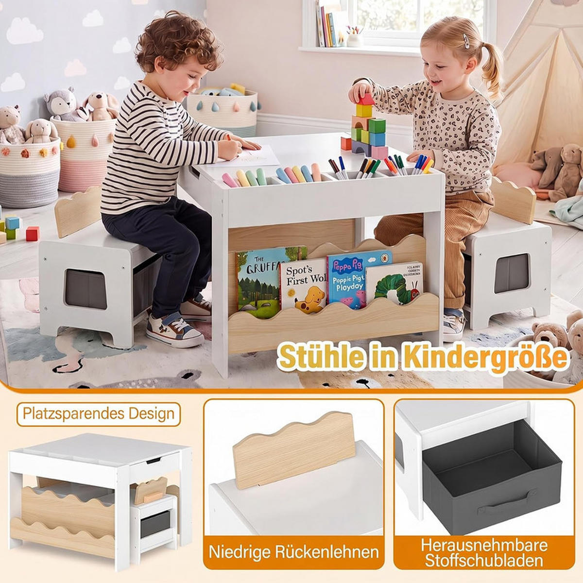 KINDERTISCH mit Stuhl natur(3-tlg) - Naturfarben, Holzwerkstoff (66/48/64cm) - COSTWAY
