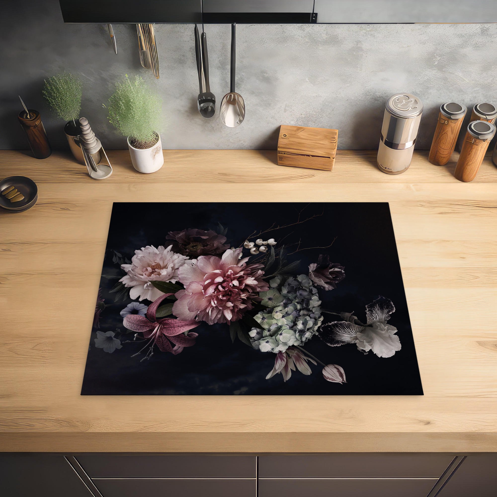 HERDABDECKPLATTE Blumen - Vintage - Pastell - Rosa - Weiß 65x52 cm - Altrosa, Kunststoff (65/0.2/52cm) - MuchoWow