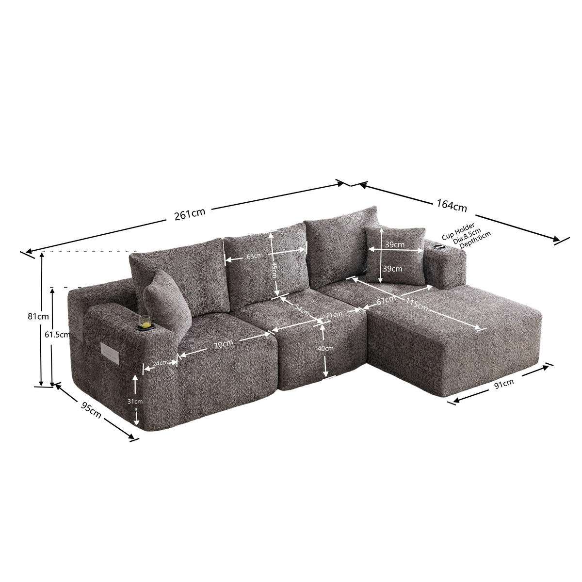 ECKSOFA Modulares L-Form Chenille mit Getränkehalter & Memory-Schaum 261cm - Dunkelgrau, Textil (261/165cm) - Urban Meuble
