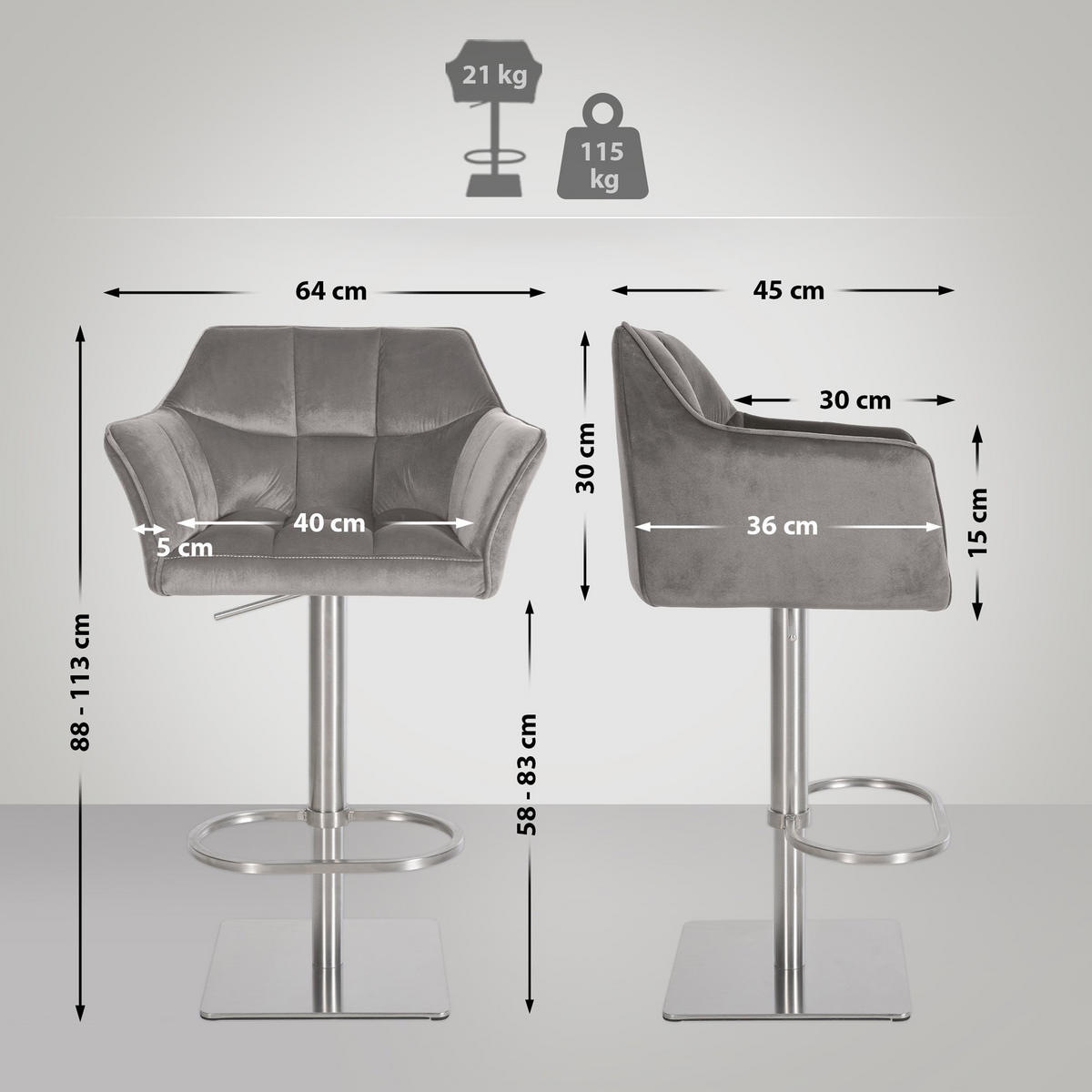 BARHOCKER Damaskus E Samt grau - Edelstahlfarben/Grau, Textil/Metall (64/110/48cm) - TPFLiving