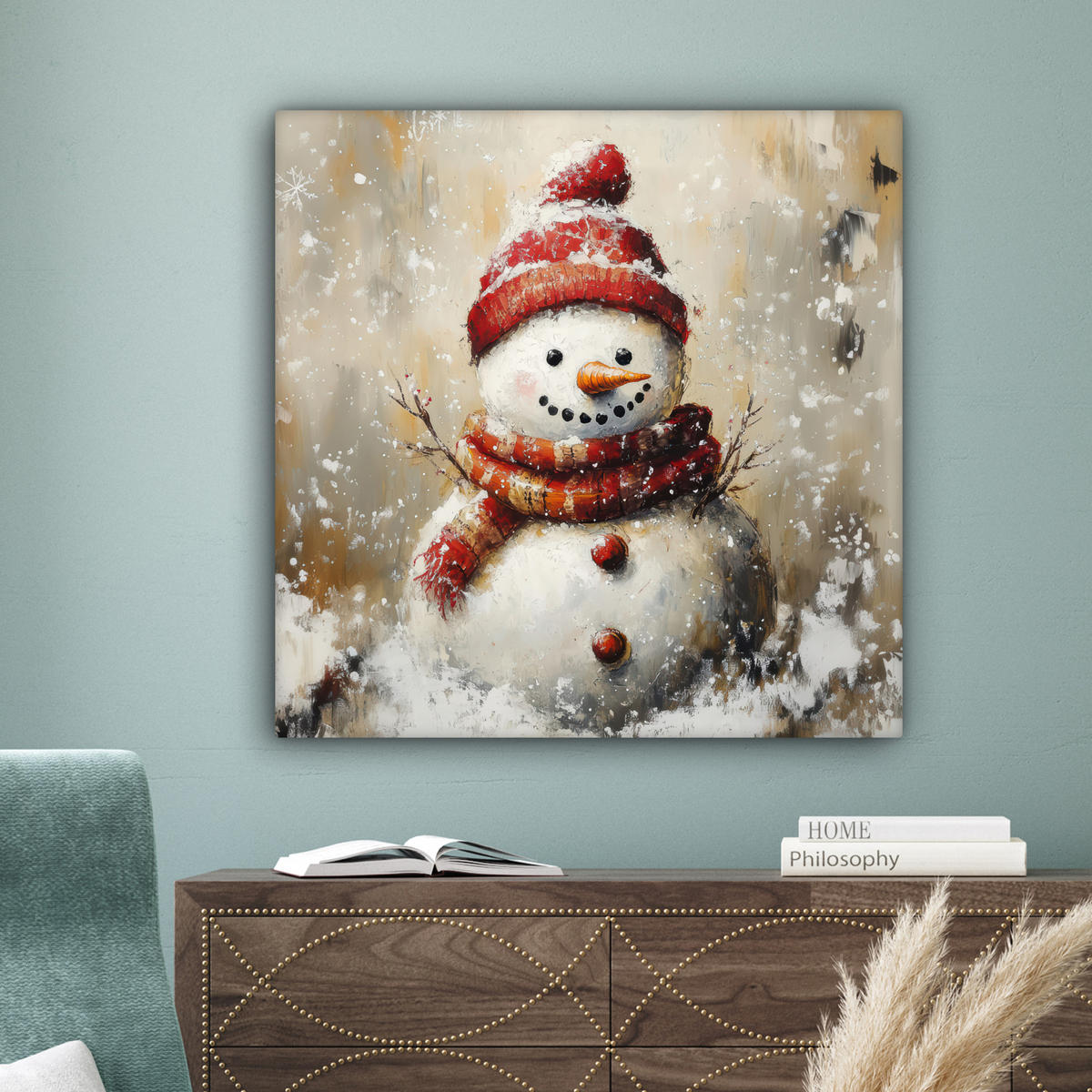 LEINWANDBILD Schneemann - Winter - Schnee - Beige Deko Groß 90x90 cm - Weiß, Textil (90/90cm) - MuchoWow