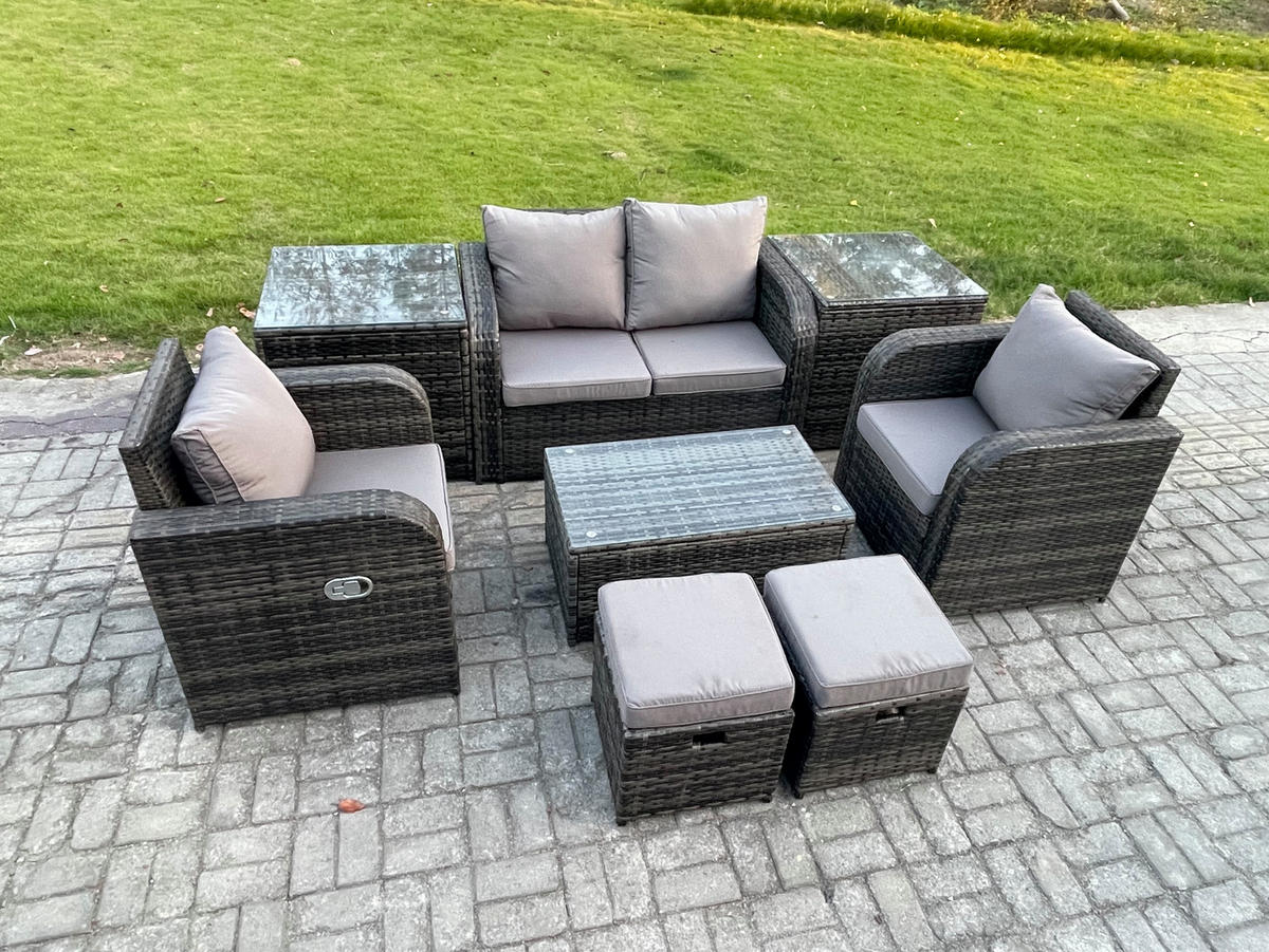 GARTENLOUNGE-SET Polyrattan Dunkelgrau 6-Sitzer - Dunkelgrau, Metall - Fimous