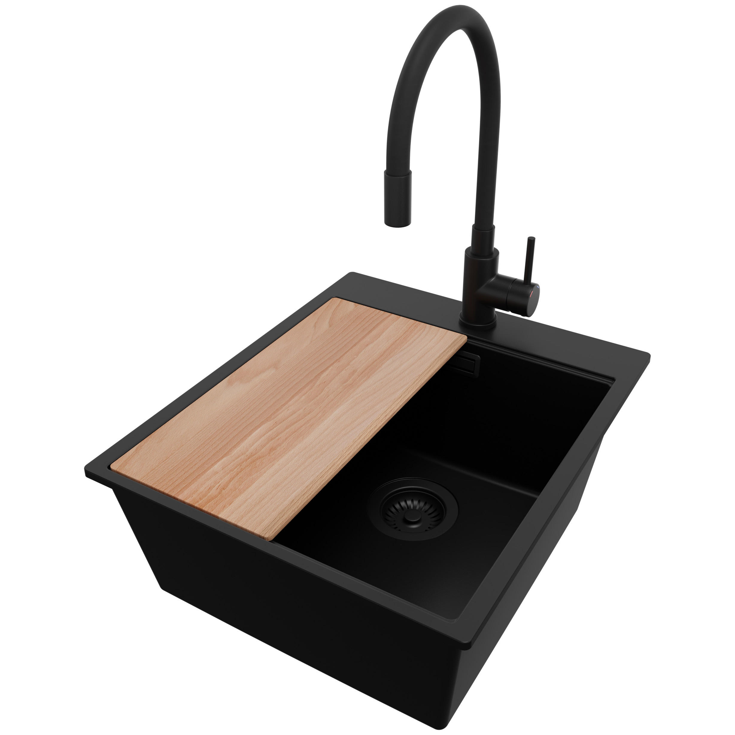 GRANITSPÜLE Oslo, 2-er set Alles Schwarz 43/50 cm 1 Becken + Küchenarmatur 40/38 cm + Ablauf-Set + Schneidebrett ab 45er Unterschrank - Beige/Schwarz, Kunststoff (43/20/50cm) - Primagran