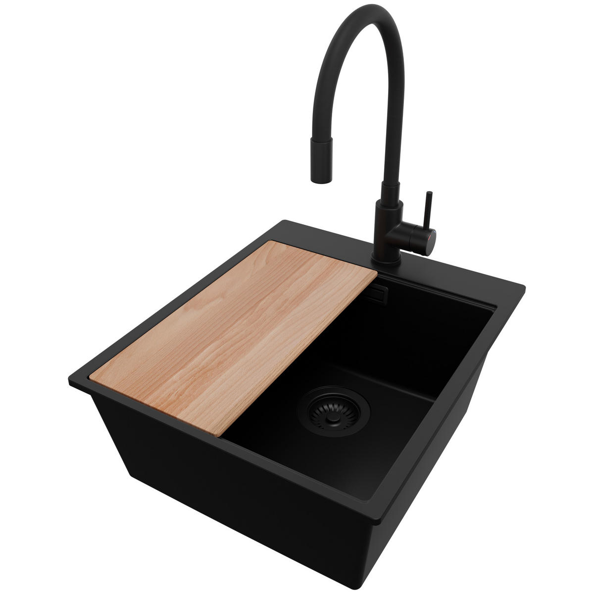 GRANITSPÜLE Oslo, 2-er set Alles Schwarz 43/50 cm 1 Becken + Küchenarmatur 40/38 cm + Ablauf-Set + Schneidebrett ab 45er Unterschrank - Beige/Schwarz, Kunststoff (43/20/50cm) - Primagran