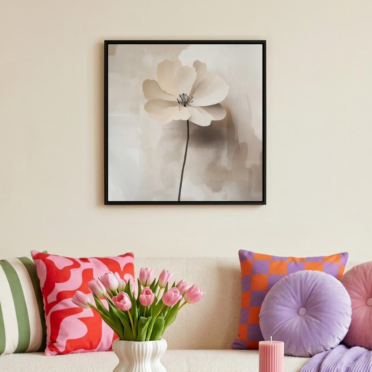 LEINWAND Bilder mit Rahmen - Blume - Beige - Farbe - Schatten - 50x50 - Creme, Textil (50/50cm) - MuchoWow