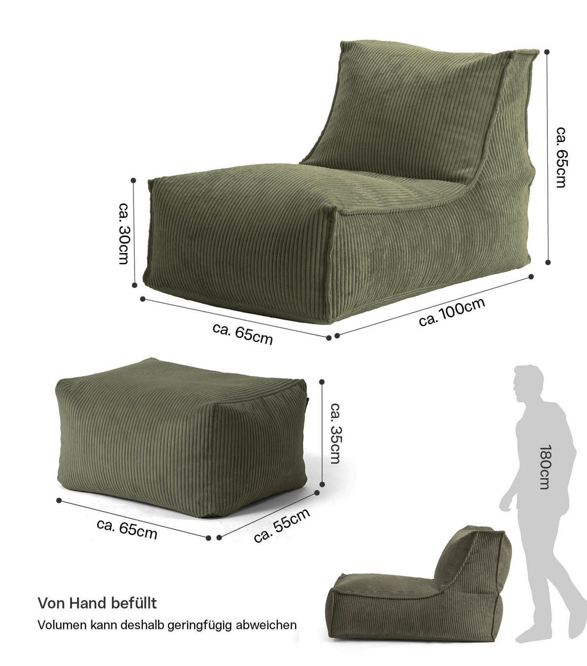 SITZSACK mit Hocker Der Gelassene - Grün, Textil (65/65/155cm) - Mokebo