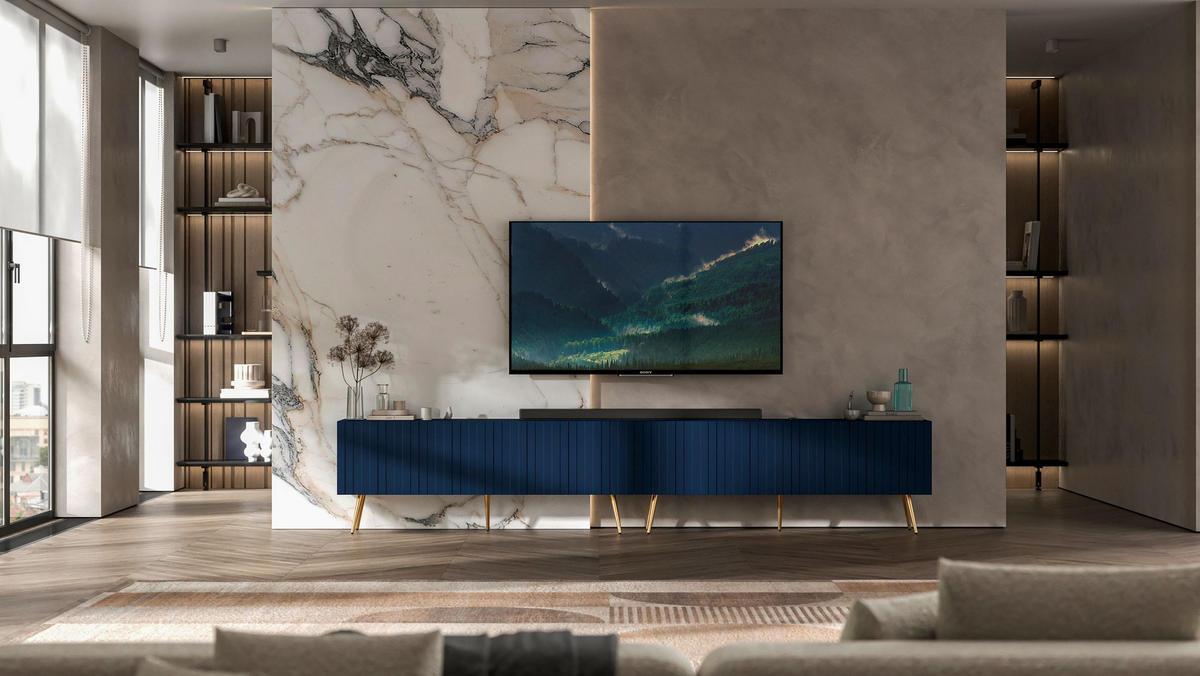 TV-LOWBOARD 2-er Set Elpis Marineblau mit goldenen Metallbeinen 150 cm - Blau/Goldfarben, Holzwerkstoff (300/60.5/36.5cm) - Meble Lindner
