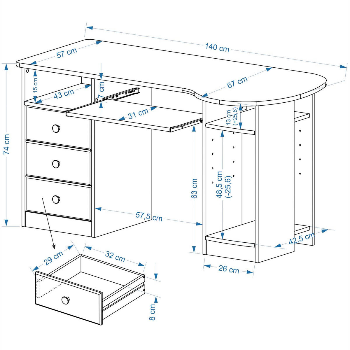 SCHREIBTISCH BOB - Weiß, Holz (67/140/74cm) - IDIMEX