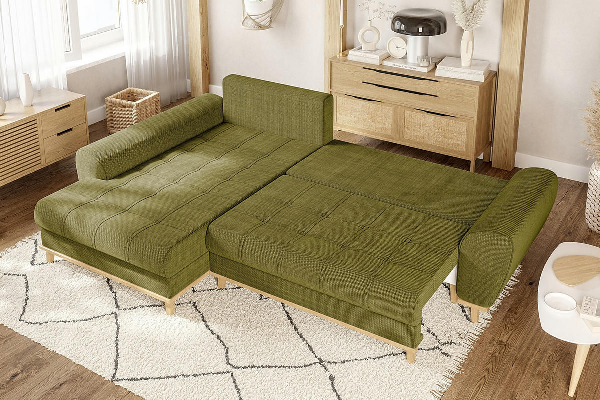ECKSOFA im Scandi-Stil, Schlaffunktion, Bettkasten B268/T175/H86 cm, Ottomane links, Liegefl. 128x209 cm, Bouclé Chenille Stoff in Grün / 21016 - Eichefarben/Grün, Holz/Textil (268/175cm) - luma-home