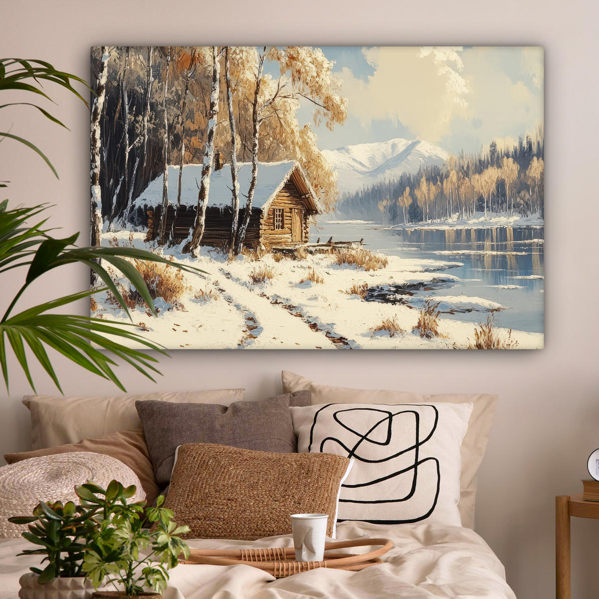LEINWANDBILD Winter - Schnee - Zuhause - Natur Groß 140x90 cm - Hellbraun, Textil (140/90cm) - MuchoWow