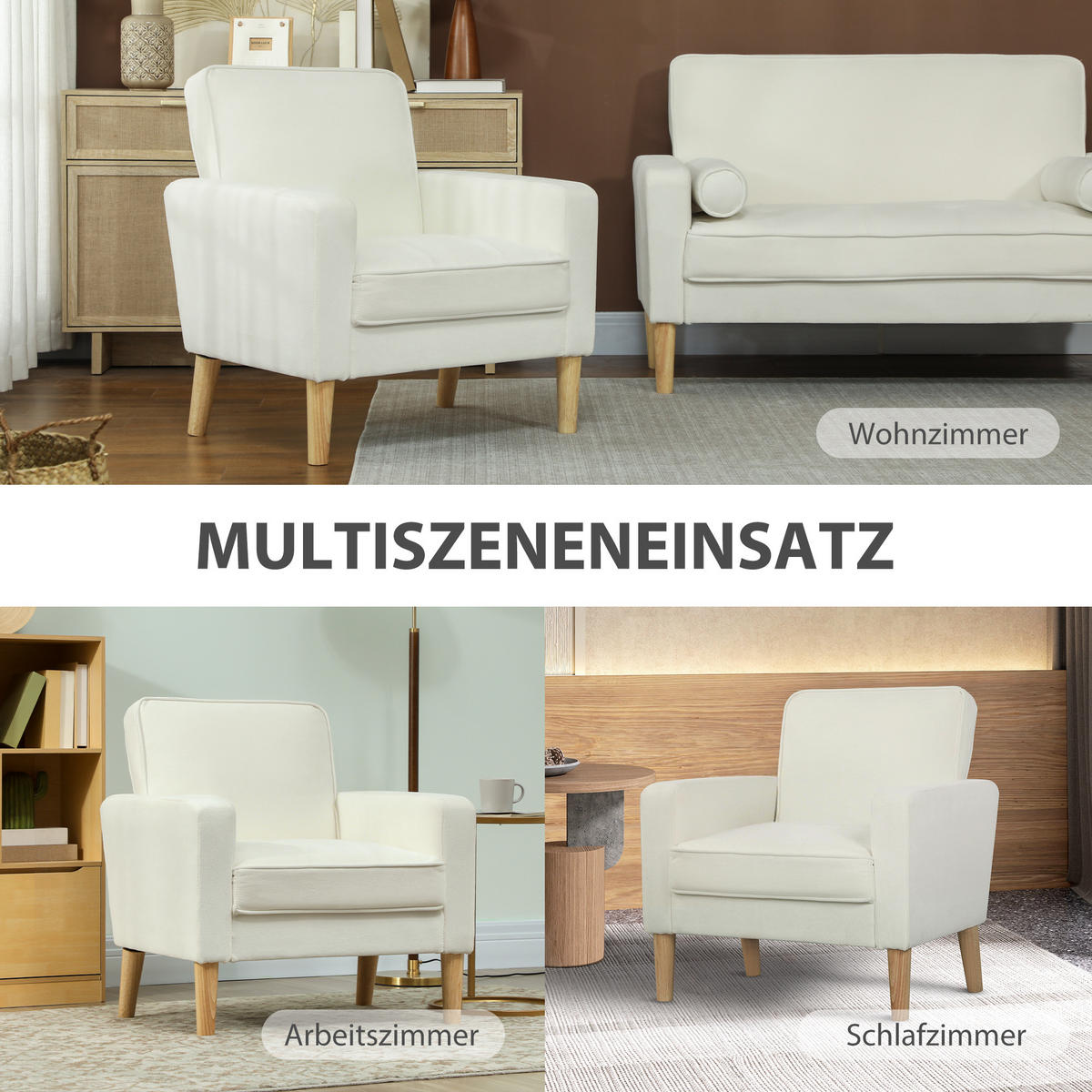 SOFA Polyester Gummiholz Cremeweiß - Creme/Naturfarben, Holz/Textil (76/82/79cm) - HOMCOM