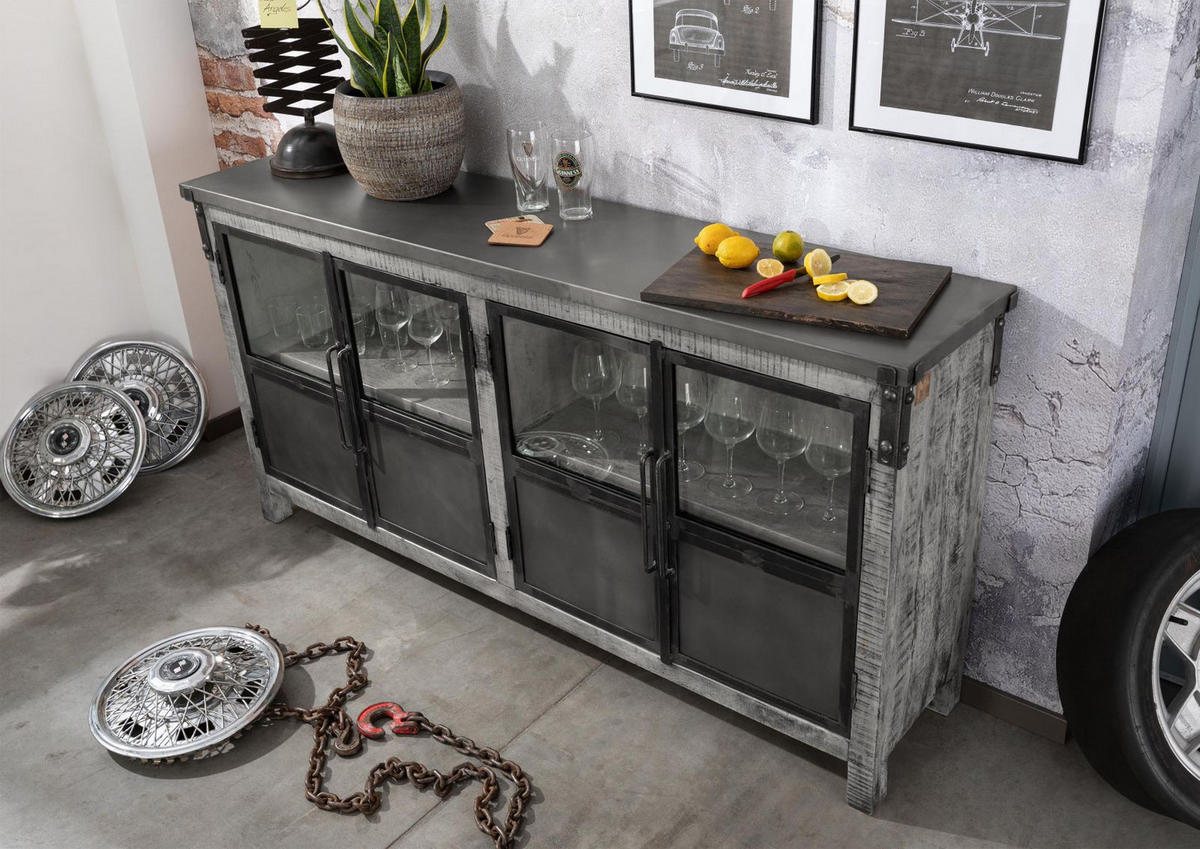 SIDEBOARD Mango 180x40x90 grau lackiert HEAVY INDUSTRY #150 - Grau, Holz (180/90/40cm) - Massivmoebel24