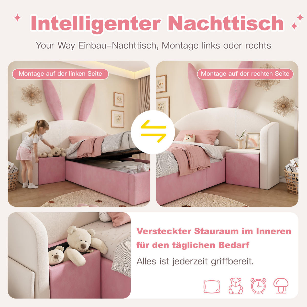 JUGENDBETT 90/200 cm in Beige & Rosa Samt mit Bettkasten und Nachttisch - Beige/Rosa, Holzwerkstoff/Textil (90/200cm) - WISHDOR