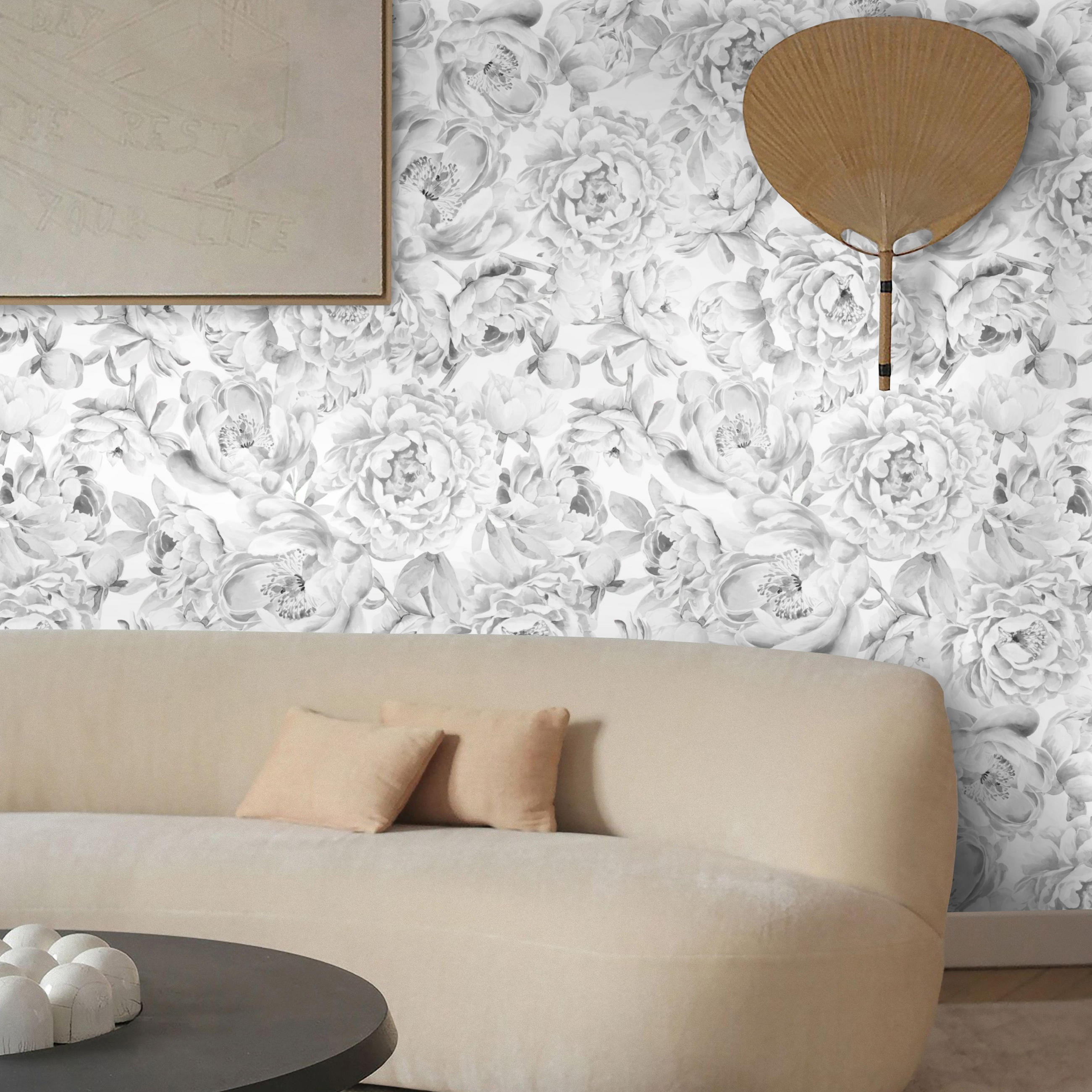 TAPETE Pfingstrosen aus echtem Papier, 200x280cm, 8 Bögen - Weiß, Papier (200/280cm) - WALLPAPERS4BEGINNERS