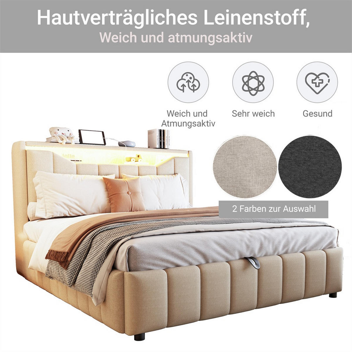 POLSTERBETT 140x200 cm mit hydraulischem Stauraum - klappbarem Kopfteil, LED & USB - Beige - ohne Matratze - Beige, Textil (140/200cm) - DELFA