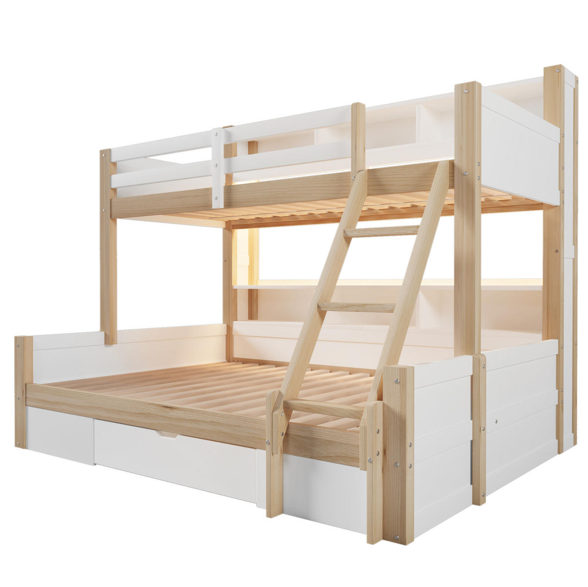 ETAGENBETT aus Kiefer 90x200/140x200 cm Weiß/Natur mit LED-Lichtleiste, offener Stauraumlösung, Schublade und variabler Leiter - Weiß, Holzwerkstoff (90/200cm) - Modfu