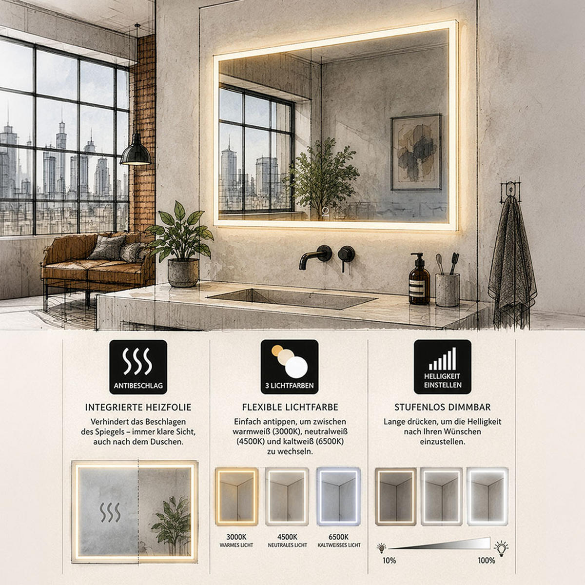 LED-SPIEGEL Rechteckig NOLA – 120 x 70 cm - Weiß, Glas (120/70/1cm) - Home Deluxe