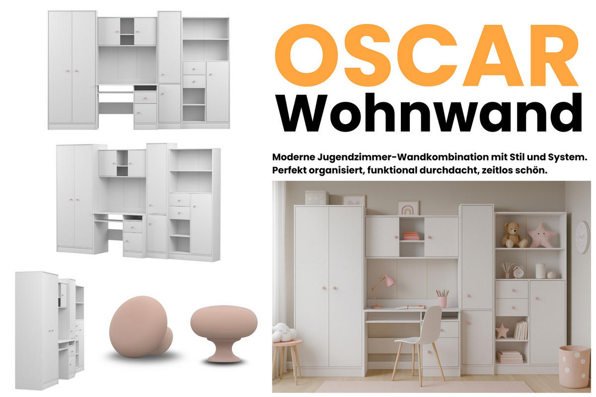 KINDERZIMMER OSCAR Korpus Weiß | Griffe Rosa - Rosa/Weiß, Holzwerkstoff (300/196/52cm) - Deine Möbel 24