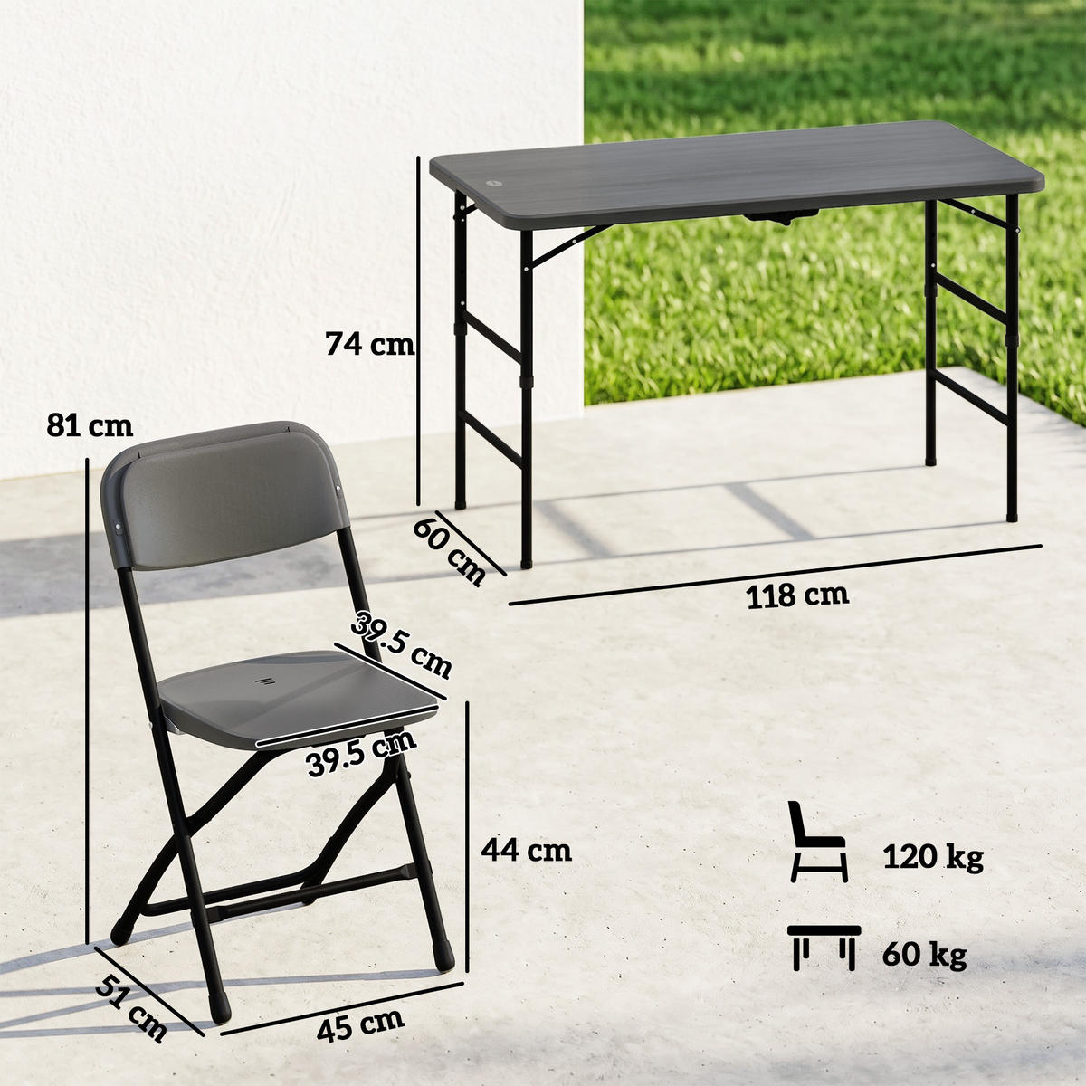 GARTENMÖBEL-SET,VERSTELLBARER HDPE Tisch+4 Klappstühle,dunkelgrau - Grau, Metall - Vallsero