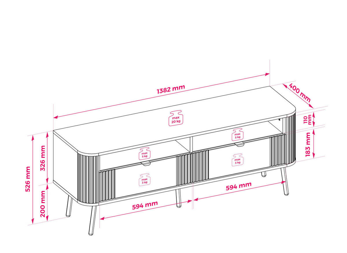 TV-SCHRANK, Kaschmir, 138,2 x 40 x 52,6 cm - Kaschmir, Holzwerkstoff (138.2/52.6/40cm) - 3XE LIVING