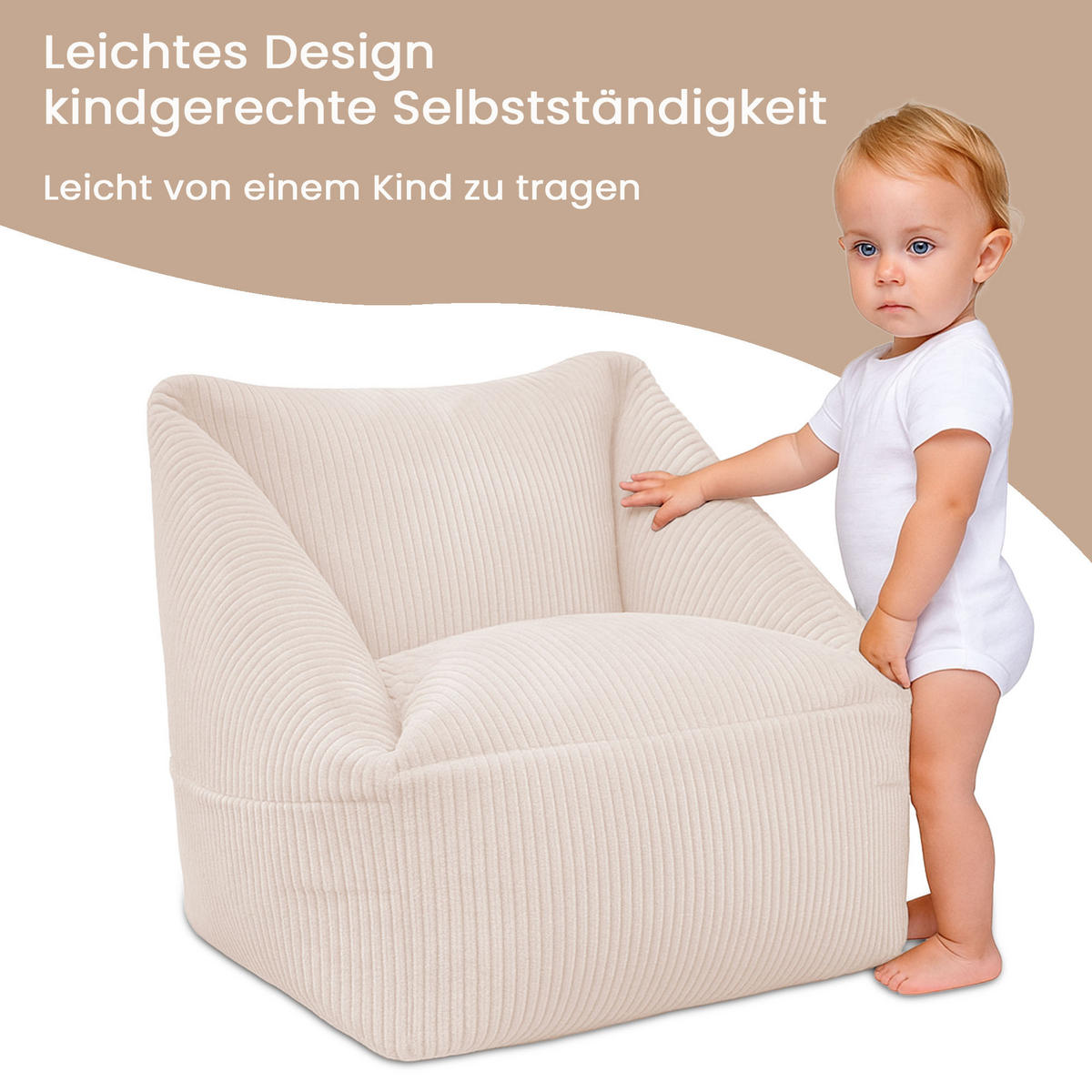 SITZSACK-SESSEL Bambino 55/60/55 cm, weicher Cord 380 g/m², mit Griff & Seitentasche, Creme - Creme, Textil (55/55/60cm) - Dreamroots