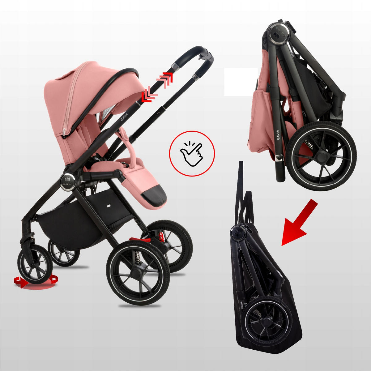 KINDERWAGEN Gavia 4in1 Olive Babywanne, Reisebuggy, Autositz, Isofix Basis - Schwarz/Rosa, Textil/Metall (58/98cm) - BabyLux
