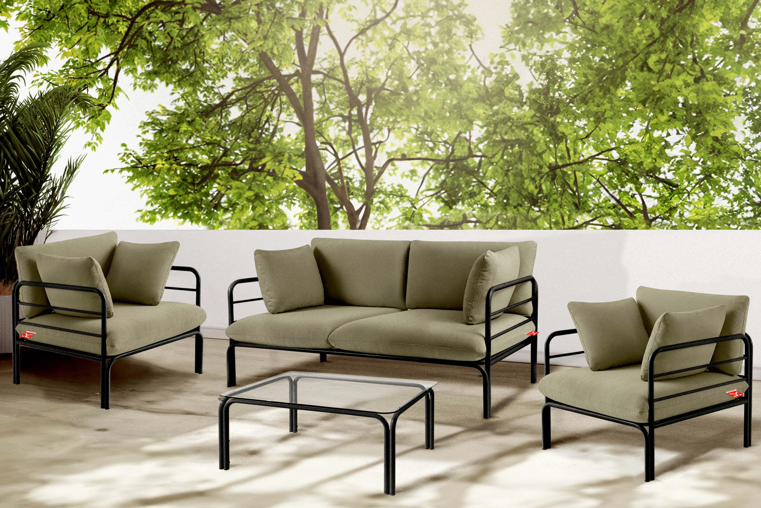 GARTENMÖBELSET RAMBE 4-tlg. 1x Tisch 2x Sessel 1x Sofa 2-Sitzer, mit Kissen, LOFT-STIL, Anthrazit/Beige - Dunkelgrau/Beige, Textil/Metall - KONSIMO®