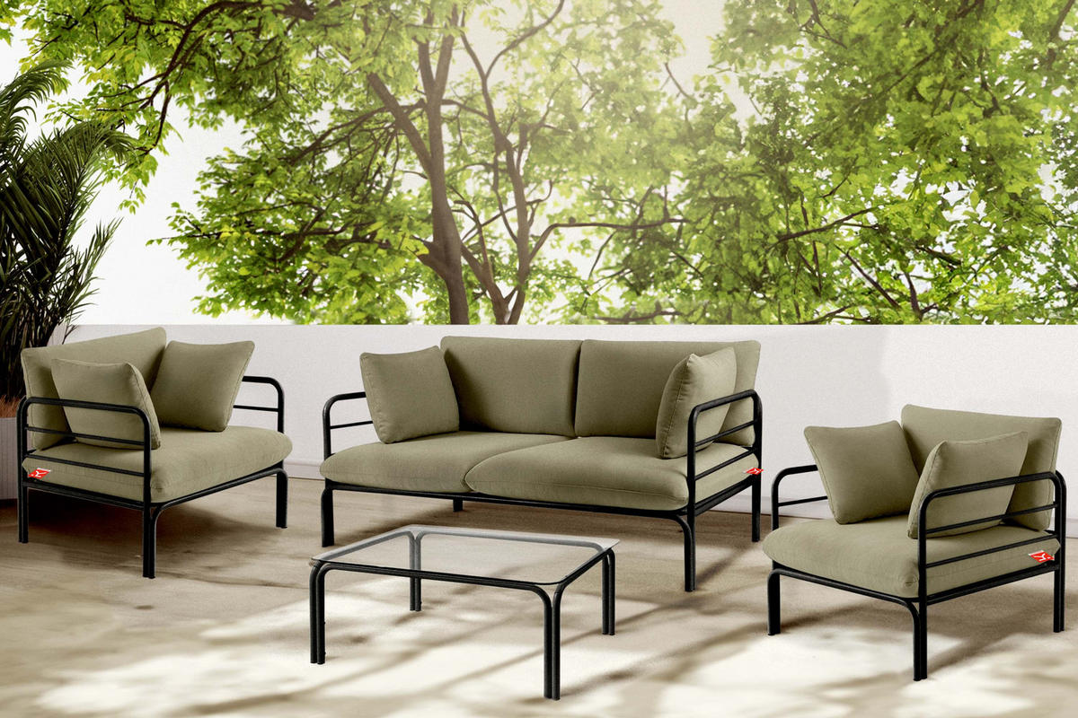 GARTENMÖBELSET RAMBE 4-tlg. 1x Tisch 2x Sessel 1x Sofa 2-Sitzer, mit Kissen, LOFT-STIL, Anthrazit/Beige - Dunkelgrau/Beige, Textil/Metall - KONSIMO®