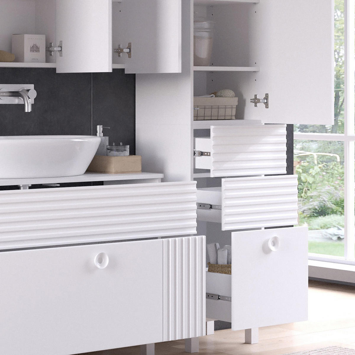 BADSCHRANK Sola Weiß 40.2 x 192.4 cm mit Tür und Schubladen - Weiß, Holzwerkstoff (40.2/192.4/37.2cm) - Vicco