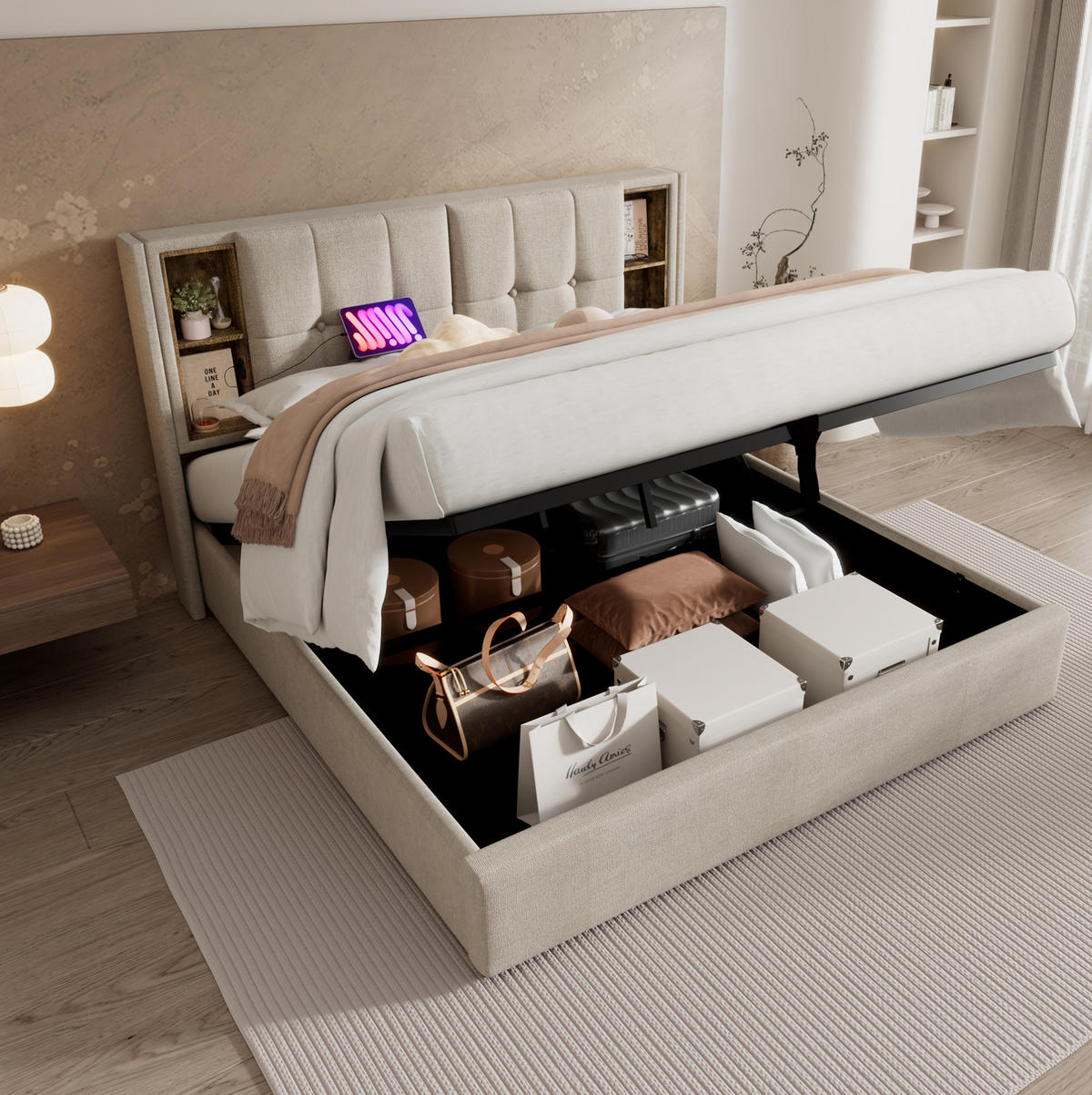 POLSTERBETT 160/200 cm mit Bettkasten, USB-C & kabellosem Laden, gepolstertes Kopfteil - Naturfarben, Textil (160/200cm) - BEAOK