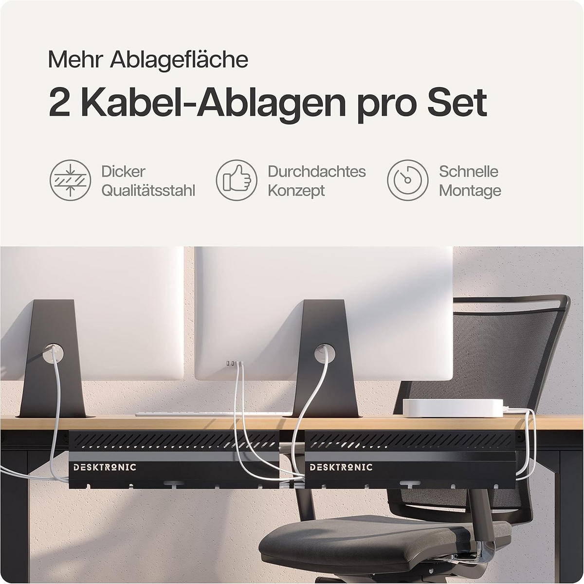 KABELKANAL Schreibtisch Schwarz, 2x43cm, Hochwertiger Stahl - Schwarz, Metall (43/12/10cm) - Desktronic