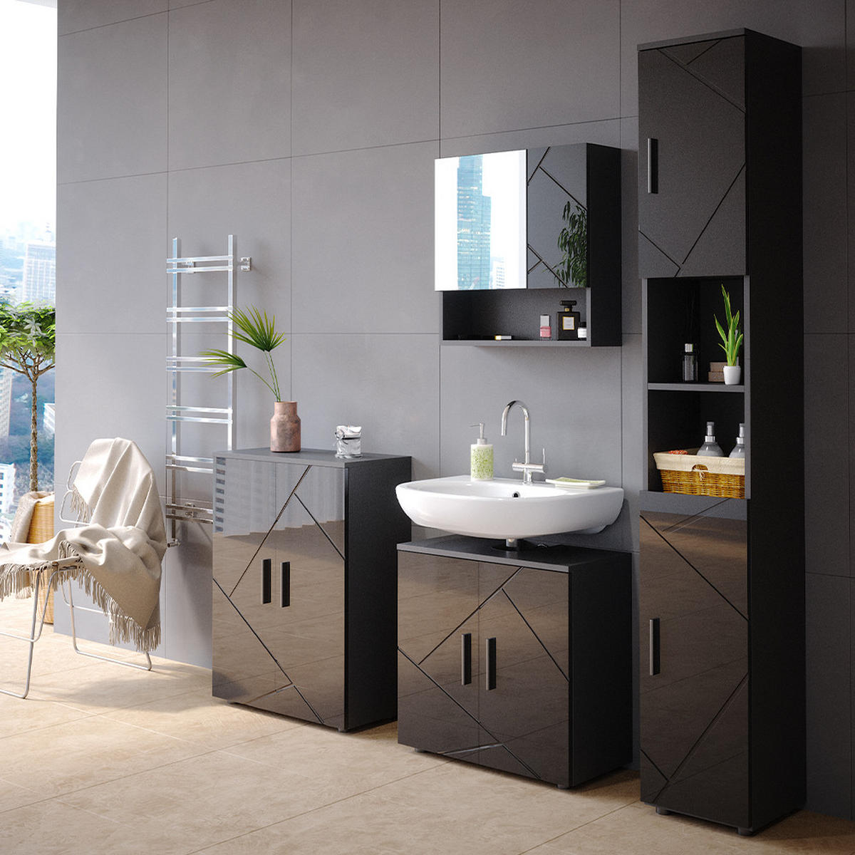 BADMÖBEL-SET Irma Anthrazit Hochglanz 4 Teile mit Hochschrank und Kommode - Anthrazit, Holzwerkstoff (80/58.6/41cm) - Vicco
