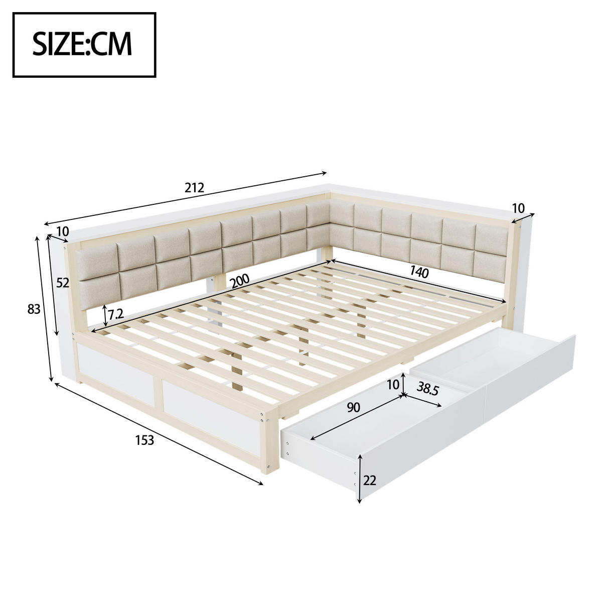 BETT aus Kiefernholz 140x200 cm Holzfarbe mit 2 Schubladen, weicher Rückenlehne und Ablageflächen - Weiß, Holzwerkstoff (140/200cm) - Modfu