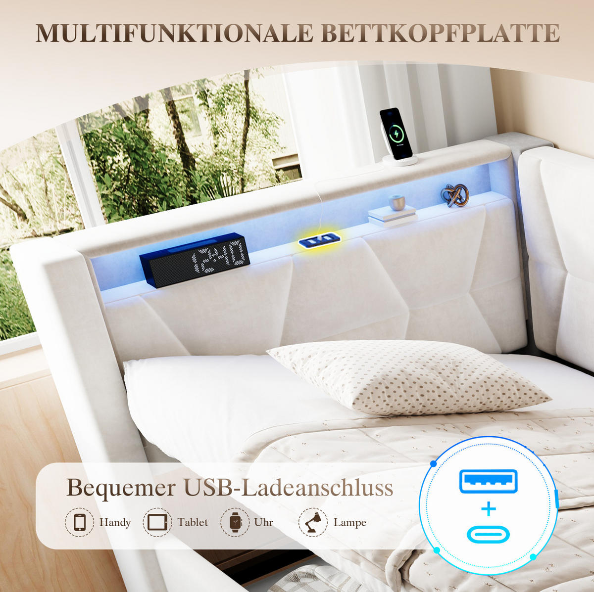 POLSTERBETT 90x200 cm in Beige mit Bettkasten, LED, USB und Type-C - Beige, Metall (90/200cm) - IVMEU
