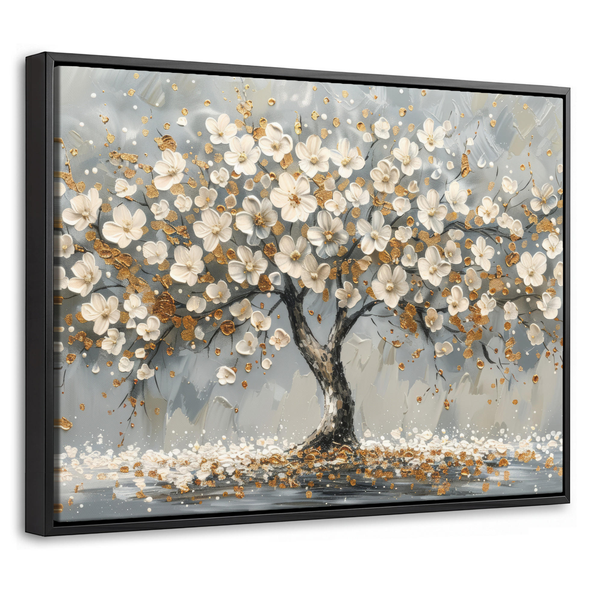 LEINWAND Bilder mit Rahmen - Baum - Blumen - Weiß - Natur - Kunst - 40x30 - Weiß, Textil (40/30cm) - MuchoWow