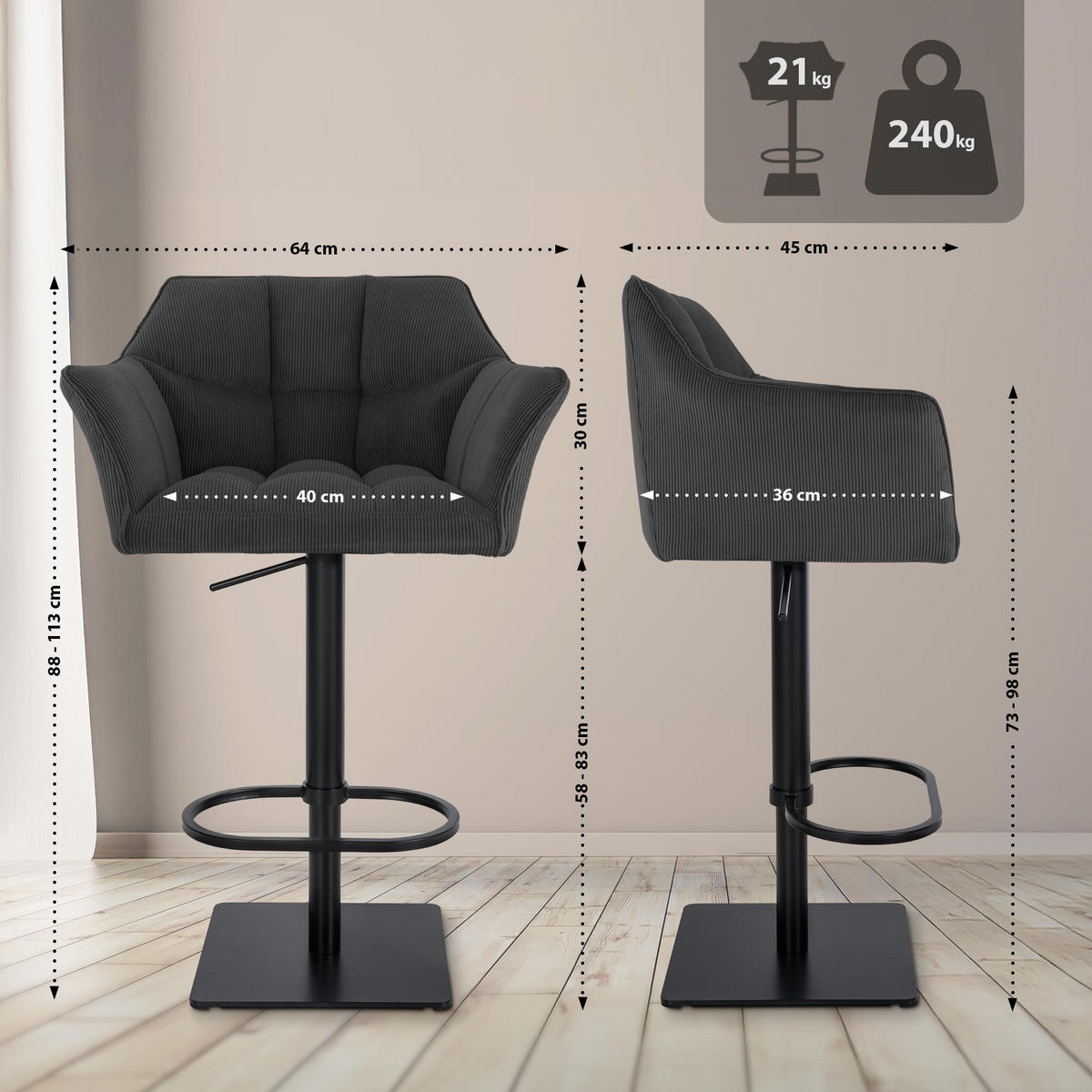 BARHOCKER Cord Dunkelgrau - Dunkelgrau/Schwarz, Textil/Metall (64/88/45cm) - CLP