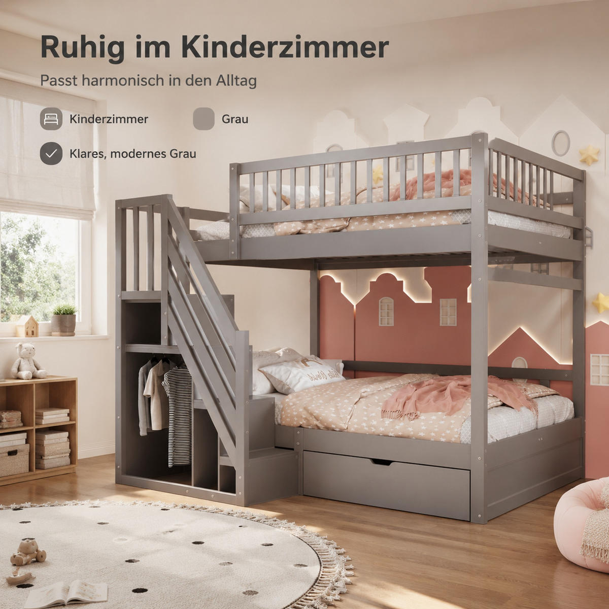 ETAGENBETT 140/200 cm aus Kiefernholz mit Stauraumtreppe und Schubladen Grau - Grau, Holz (140/200cm) - Modenvie
