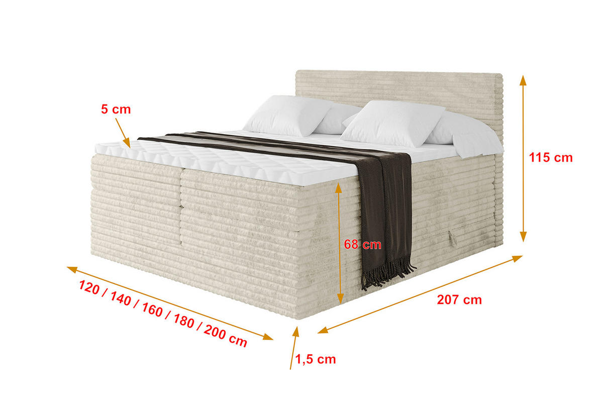 BOXSPRINGBETT mit Matratze H3|H4 und Lattenrost - TOLO KING-v1 140x200 Cord - Creme - Champagner, Holzwerkstoff (140/200cm)