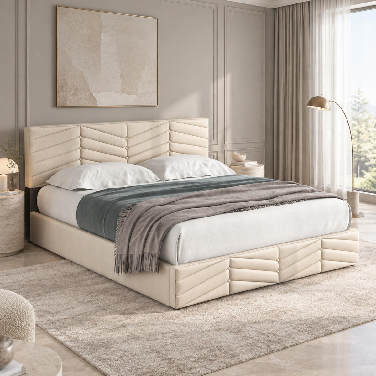POLSTERBETT 180/200 mit hydraulischem Stauraum und verstellbarem Kopfteil in Beige - Beige, Holzwerkstoff/Textil (180/200cm) - EVRYAE