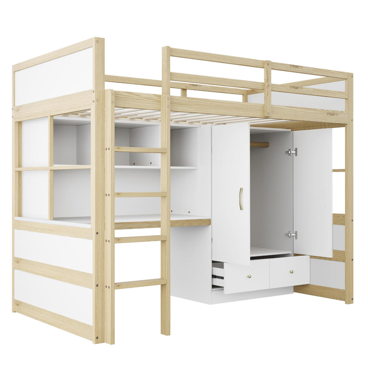 HOCHBETT 90/200 cm, Naturholzfarbe mit Schreibtisch und Kleiderschrank - Naturfarben, Holz (90/200cm) - MIVRAY
